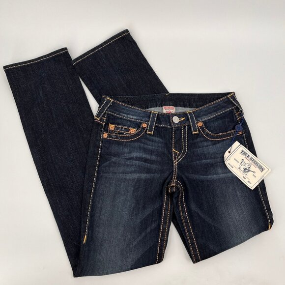 True Religion Straight Satin Big T Jeans Size 28 Dark Wash USA Made Low Rise - Picture 4 of 16